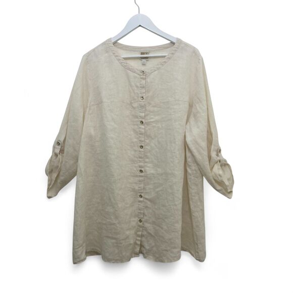 JM Collection Natural Linen Tunic Top 18W Button Front Roll Tab Sleeves Beige - Picture 2 of 13